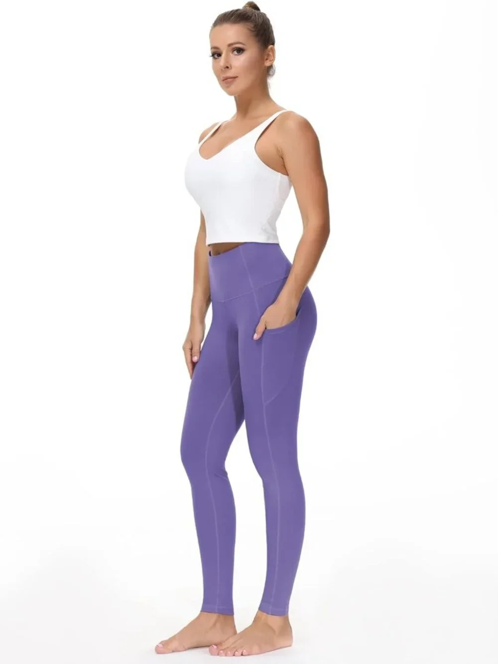 Women's Bright Purple Thick High Waist Tummy Control Workout Yoga Leggings - Picture 3 of 7